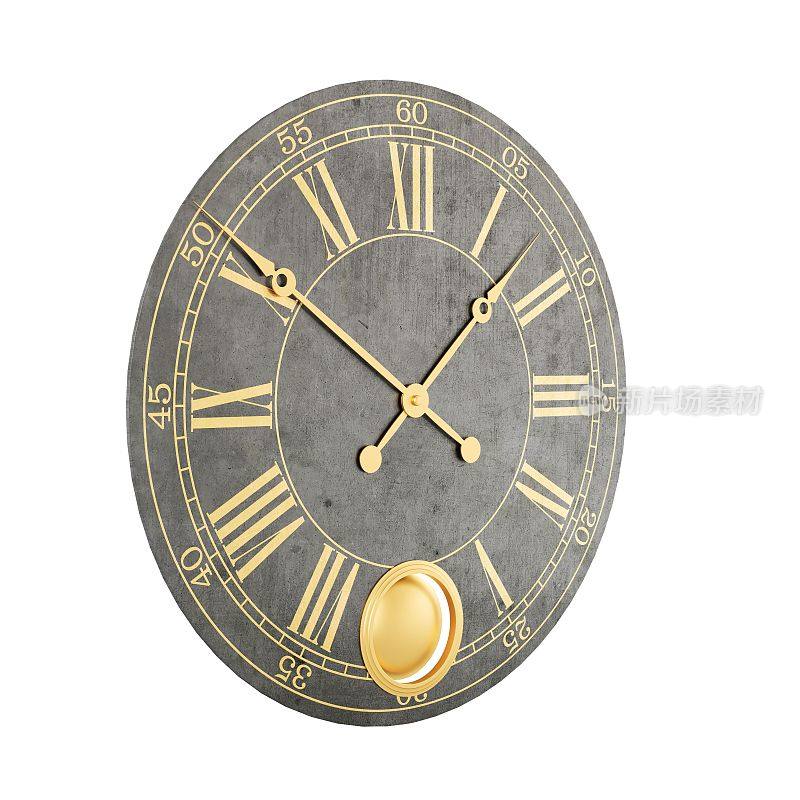 3D render of a vintage clock with Roman numerals on a white background